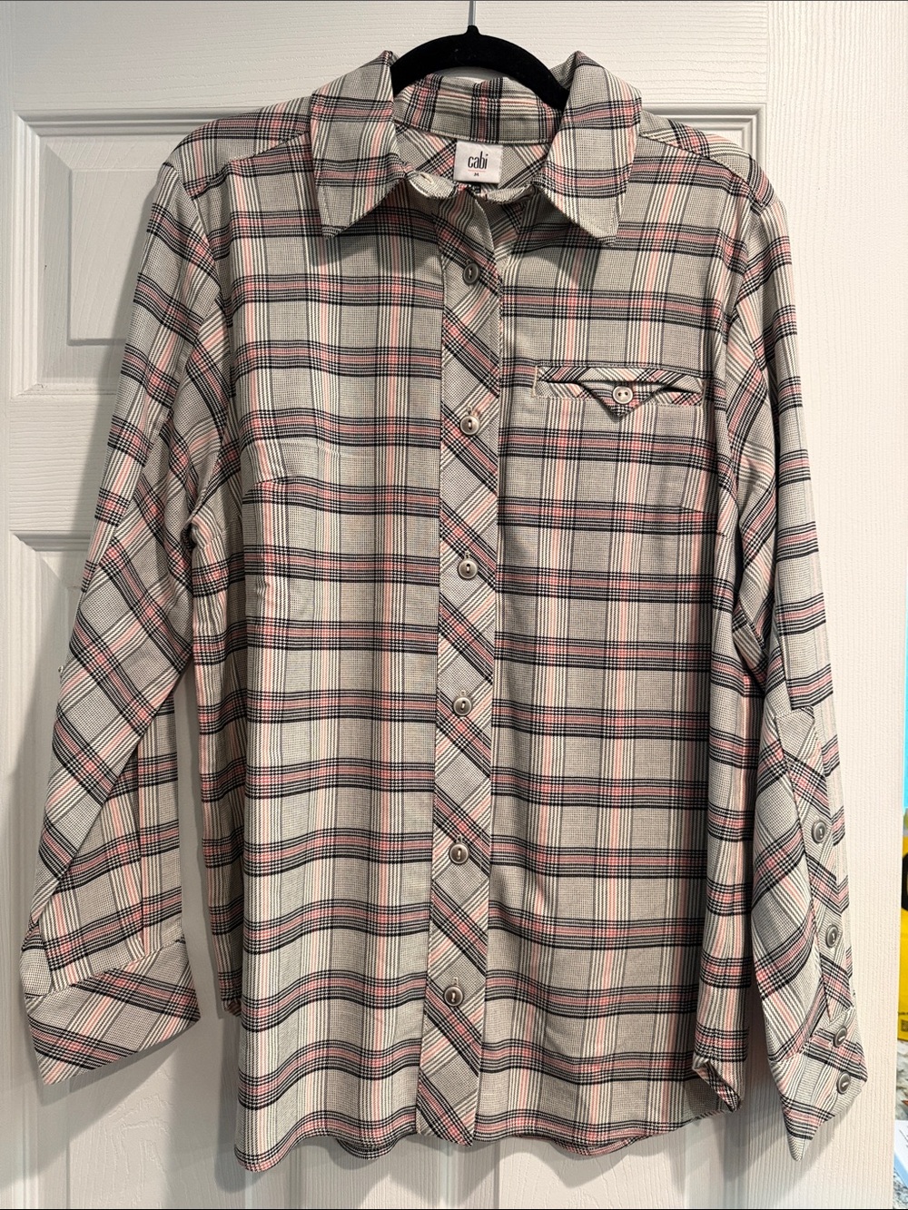 CAbi Women's Plaid Button-Up Shacket,Cream/Pink, NBW-great for fall!